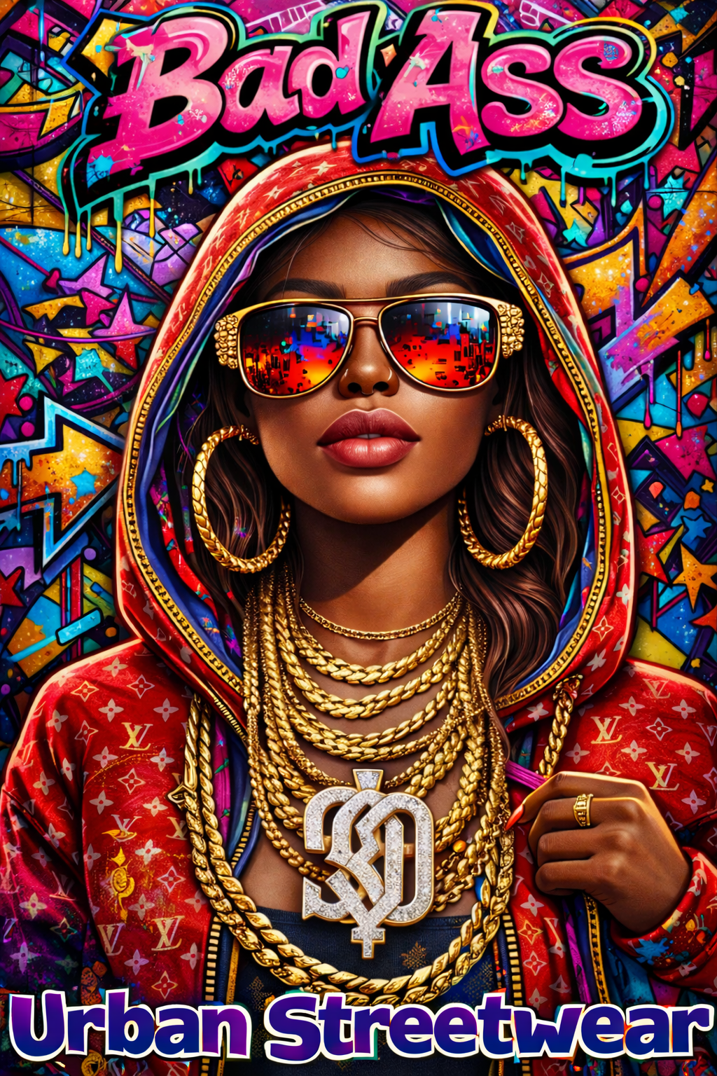 Bad Ass Hip Hop Urban Streetwear Varsity Jacket - Limited Edition Skull & Gold Chains Design Satin Polyester