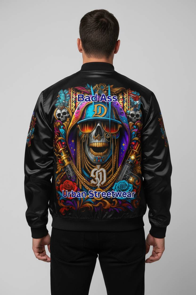 Bad Ass Hip Hop Urban Streetwear Varsity Jacket Male Back View