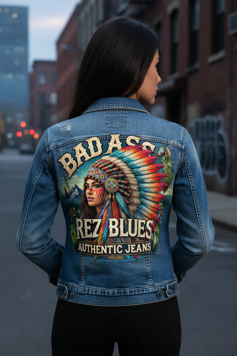 Bad Ass Rez Fashions Denim Jacket Female Back View