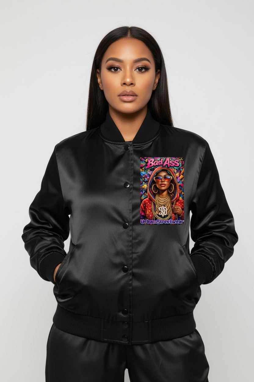 Bad Ass Hip Hop Urban Streetwear Varsity Jacket Female Front View - CORRECTED