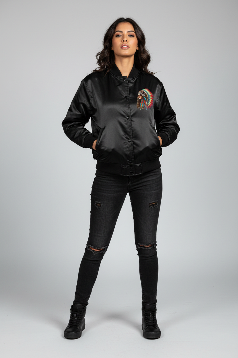 Bad Ass Rez Fashions Varsity Jacket Female Front View