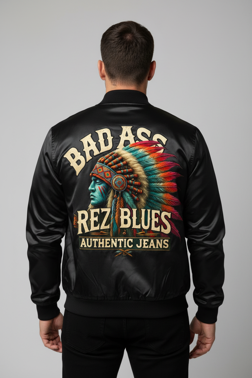 Bad Ass Rez Fashions Varsity Jacket Male Back View