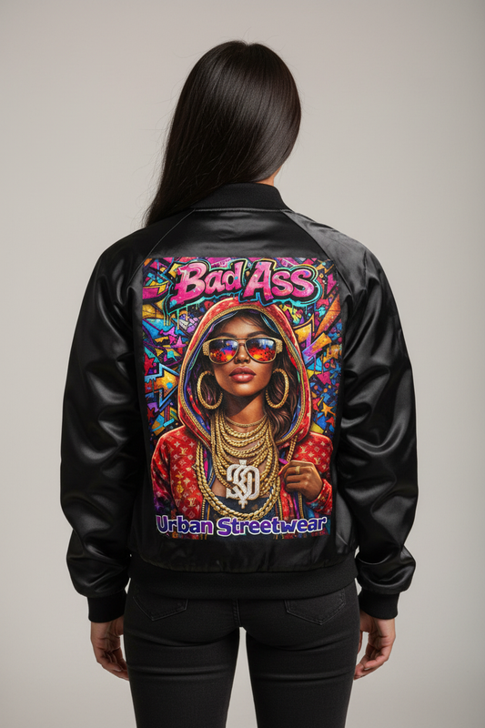 Bad Ass Hip Hop Urban Streetwear Varsity Jacket Female Back View - PROPER SIZE