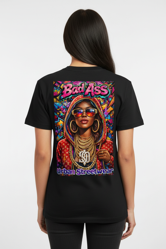 Bad Ass Hip Hop Urban Streetwear T-Shirt Female Back View - CORRECTED