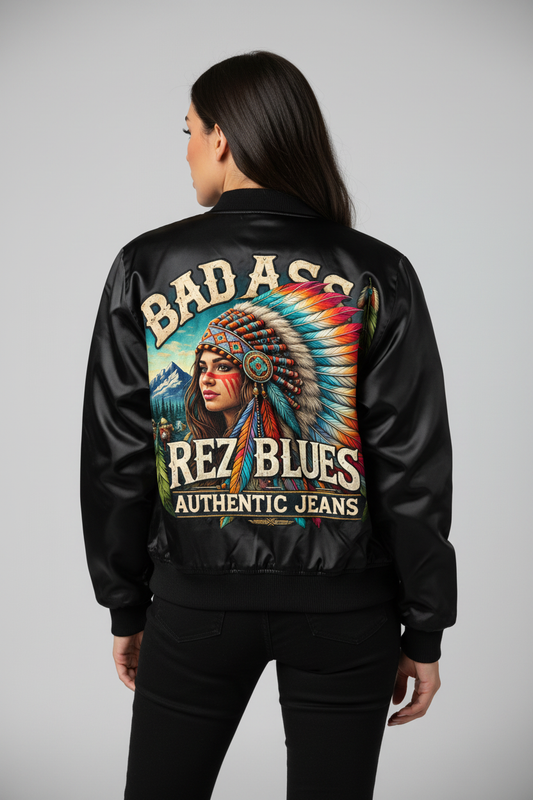 Bad Ass Rez Fashions Varsity Jacket Female Back View