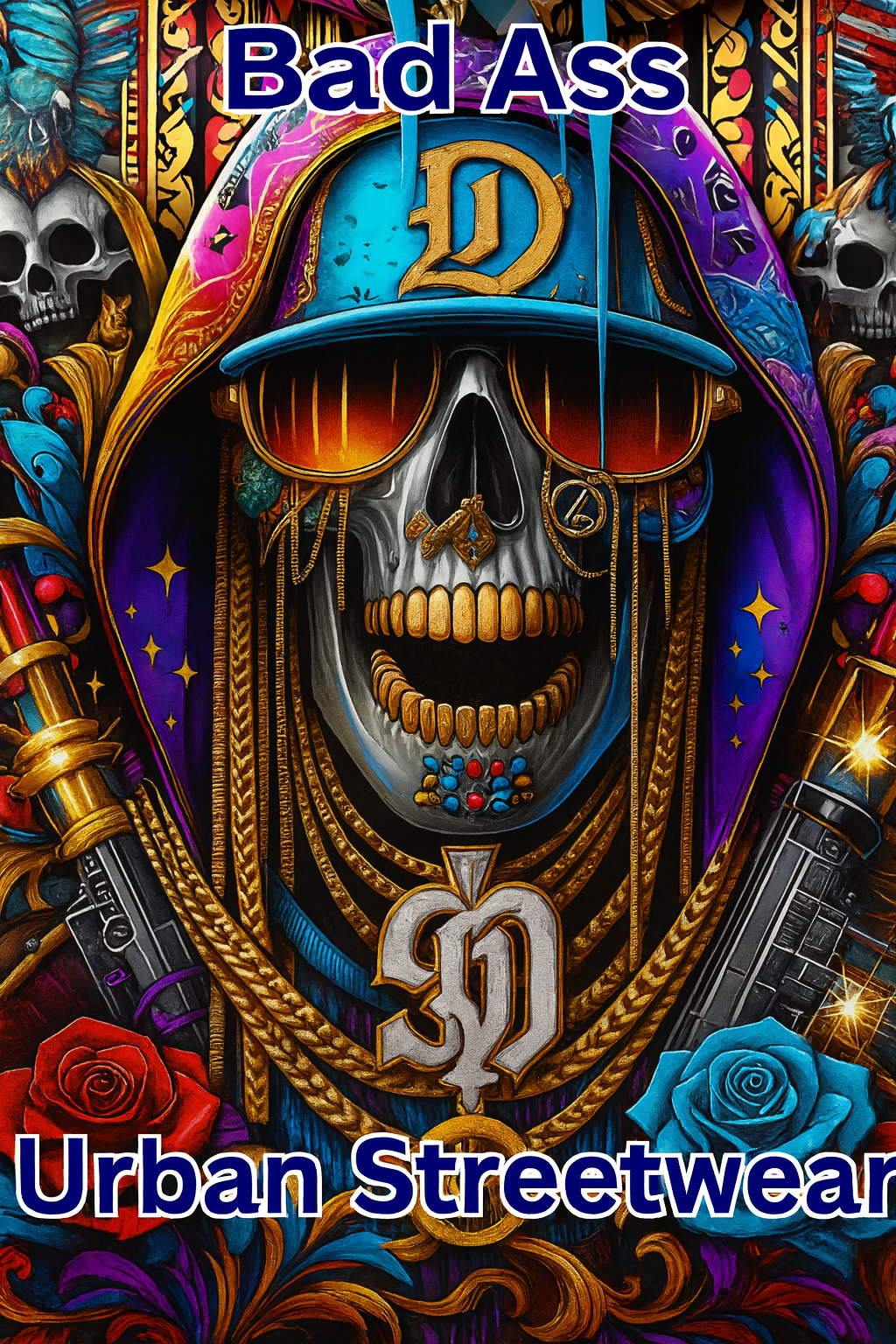Bad Ass Hip Hop Urban Streetwear Varsity Jacket - Limited Edition Skull & Gold Chains Design Satin Polyester
